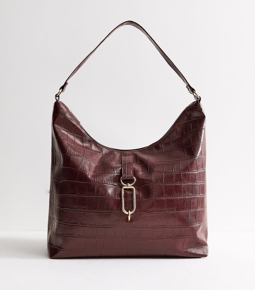 New Look Dark Burgundy Faux Leather Crocodile Embossed Hobo Shoulder Bag New Look - 1