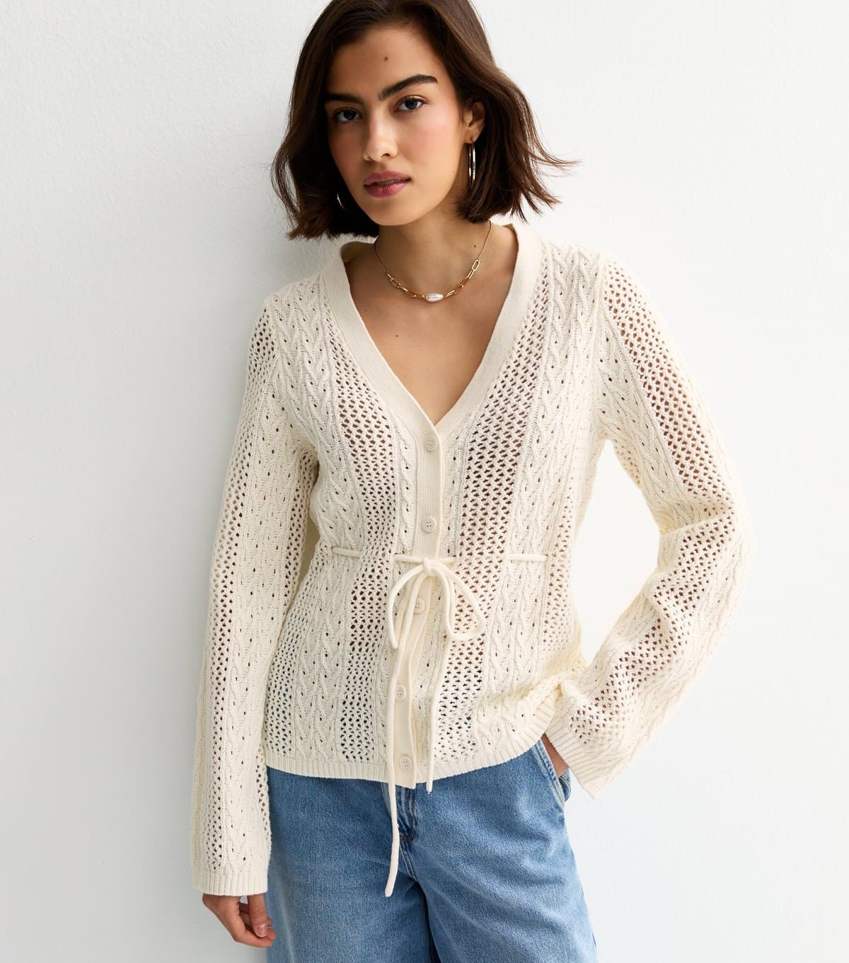 New Look Women's Cream Cotton Rich Stitchy Knit Tie Waist Cardigan New Look