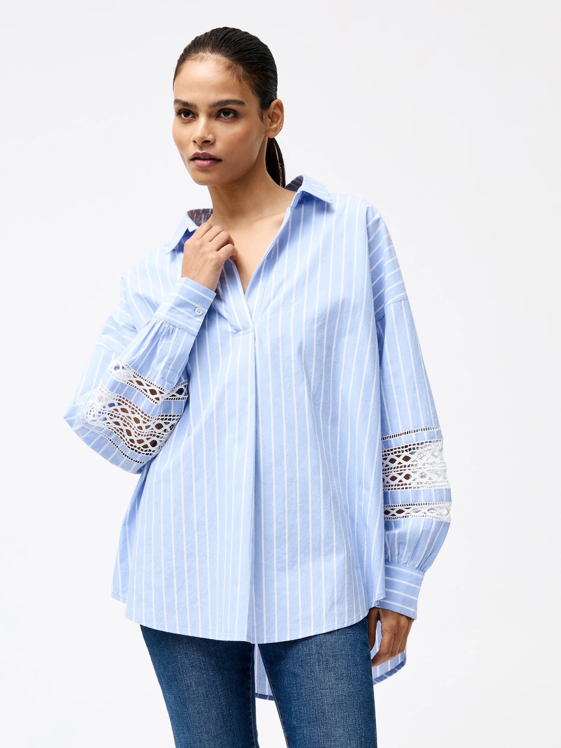 French Connection Cambria Cotton Stripe Trim Shirt Blue/white
