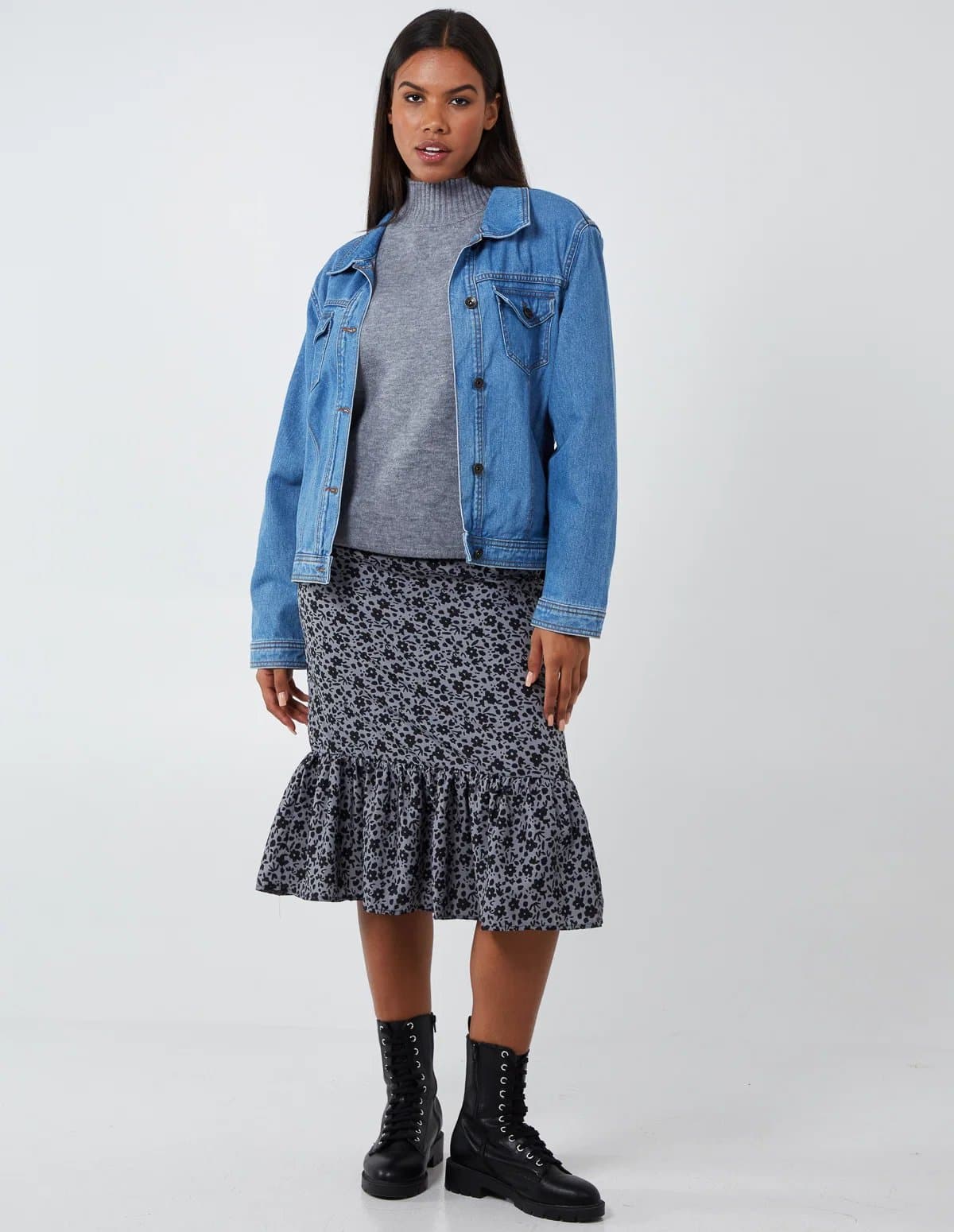 Blue Vanilla Floral Tiered Midi Skirt