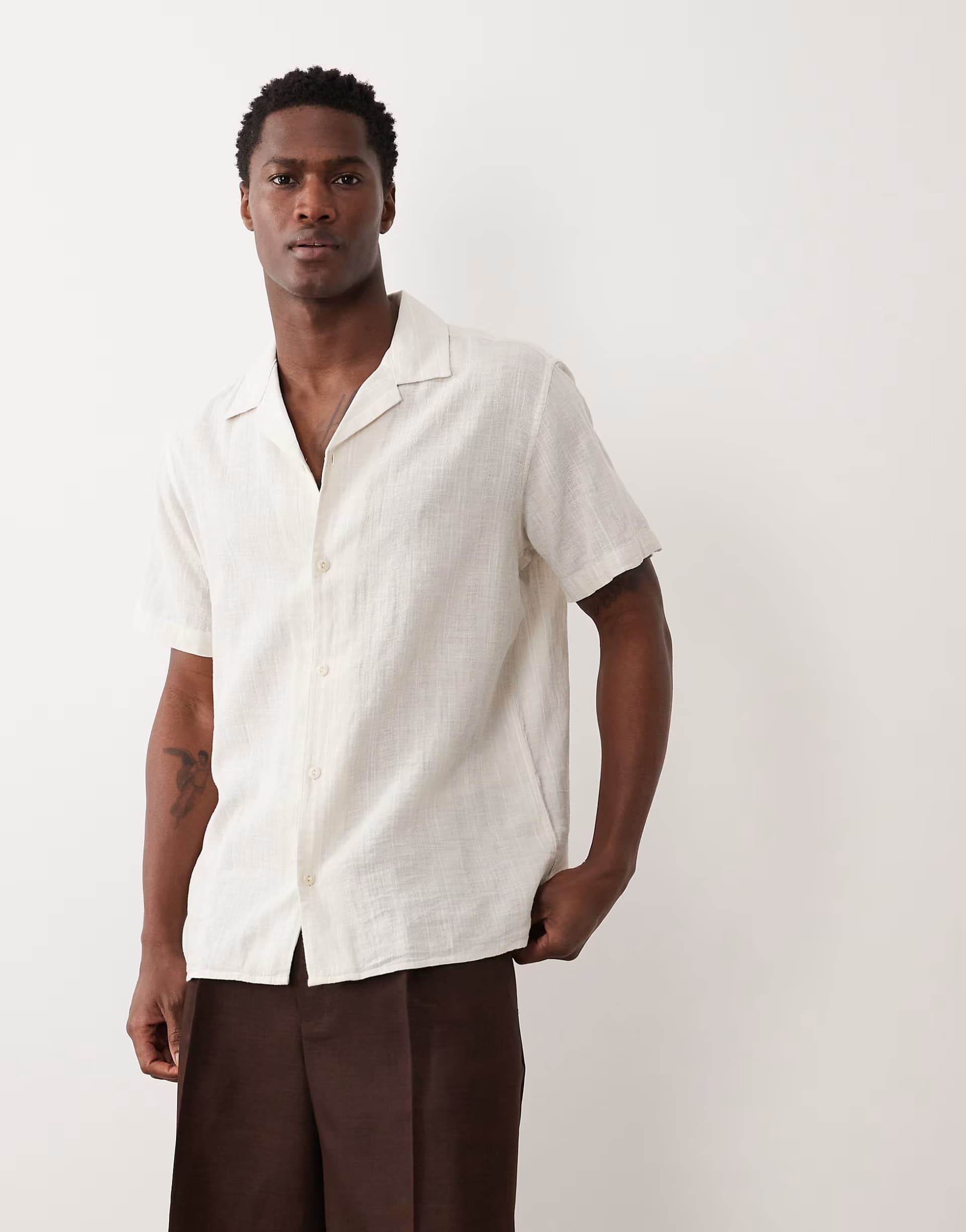 ASOS Jack & Jones Premium linen blend textured stripe shirt in cream