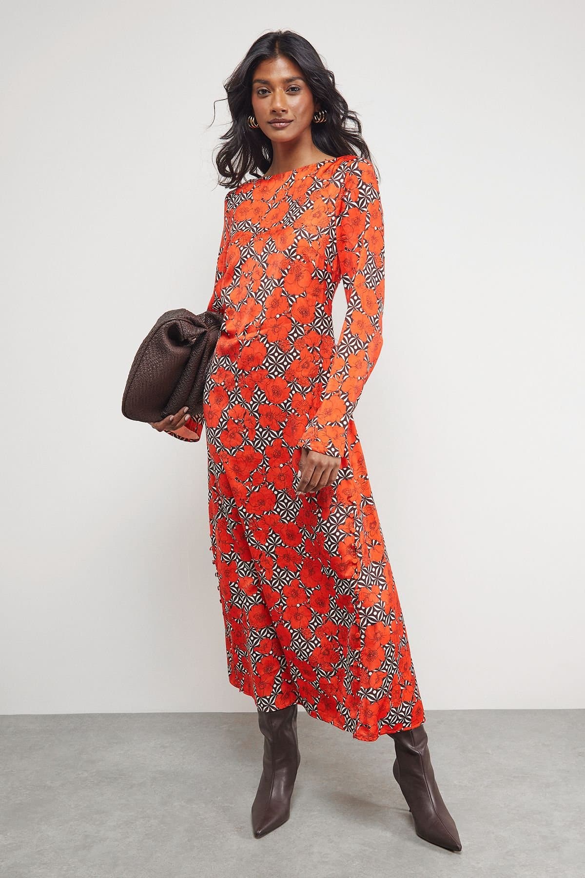 Warehouse Warehouse Women's Floral Crinkle Satin Bias Button Side Midi Dress in Orange