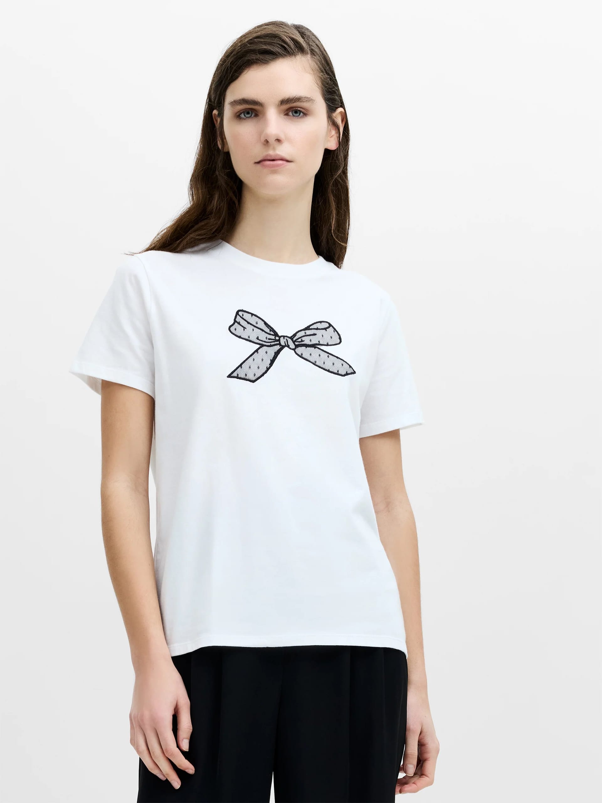 French Connection White Cotton T-Shirt With Mesh Bow Detail