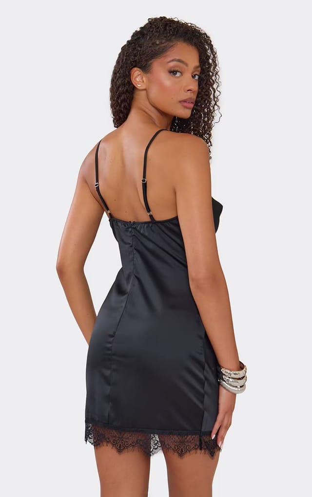 EGO Cowl Neck Lace Trim Mini Dress In Black Satin., Women's Size UK 6 - 2
