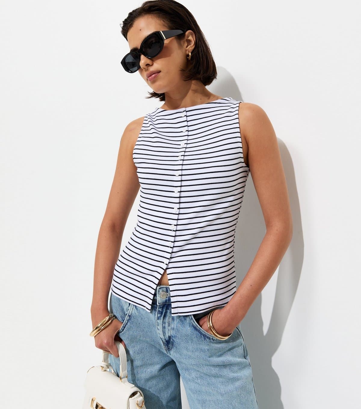 New Look Women's White Cotton Rich Stripe Pattern Button Through Tank Top New Look