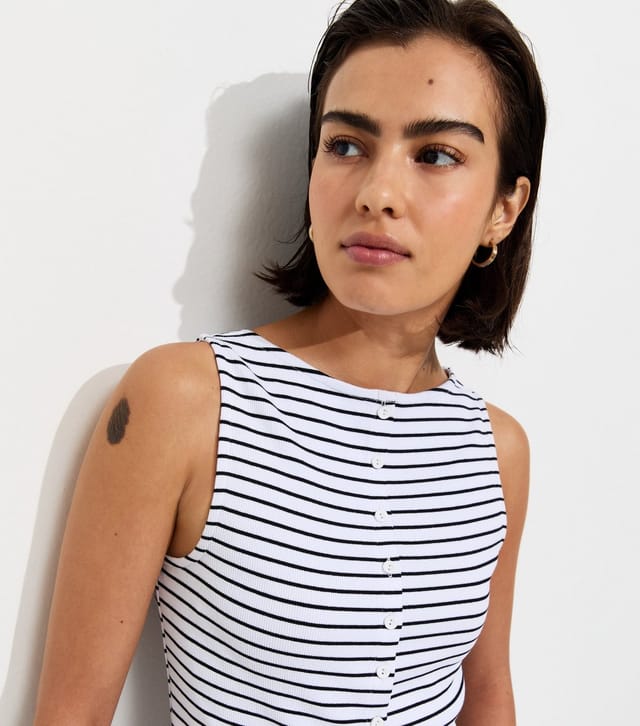 New Look Women's White Cotton Rich Stripe Pattern Button Through Tank Top New Look - 2