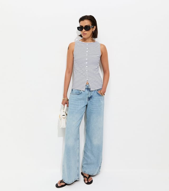 New Look Women's White Cotton Rich Stripe Pattern Button Through Tank Top New Look - 3