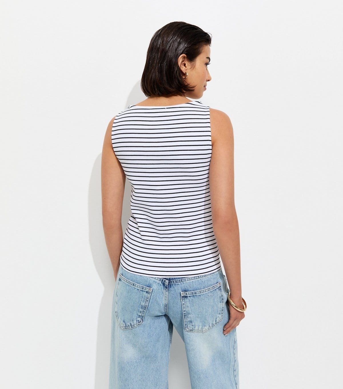New Look Women's White Cotton Rich Stripe Pattern Button Through Tank Top New Look - 4