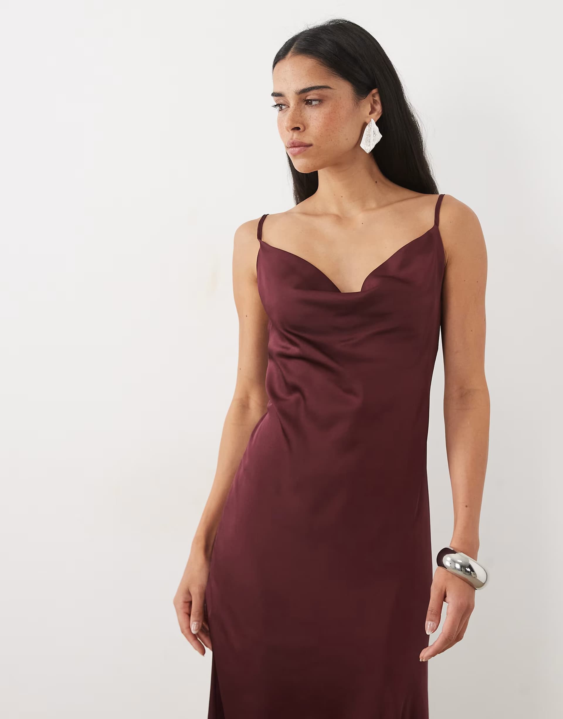 ASOS New Look satin cowl neck midi dress in burgundy