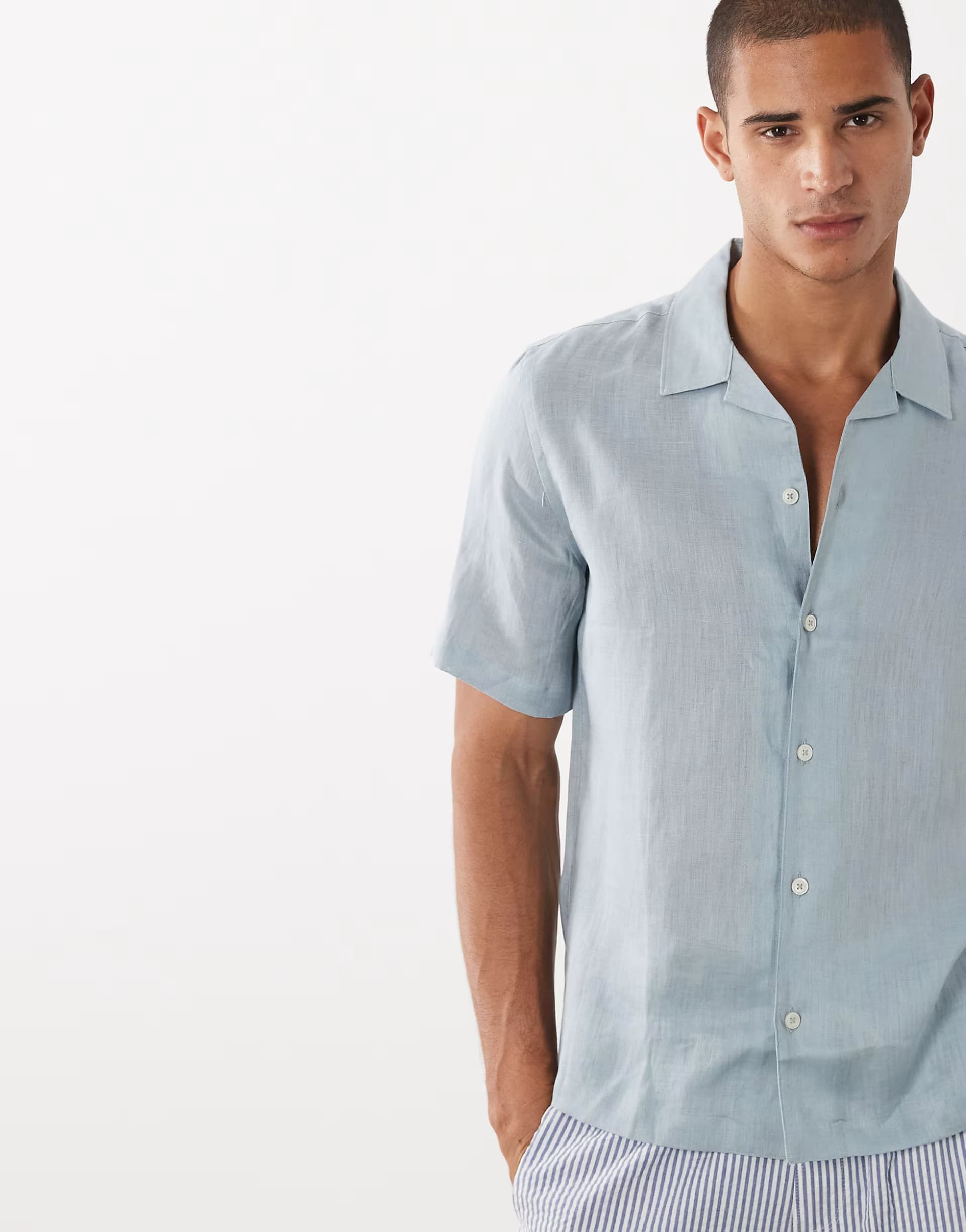 ASOS Mango 100% linen short sleeve shirt in pastel blue