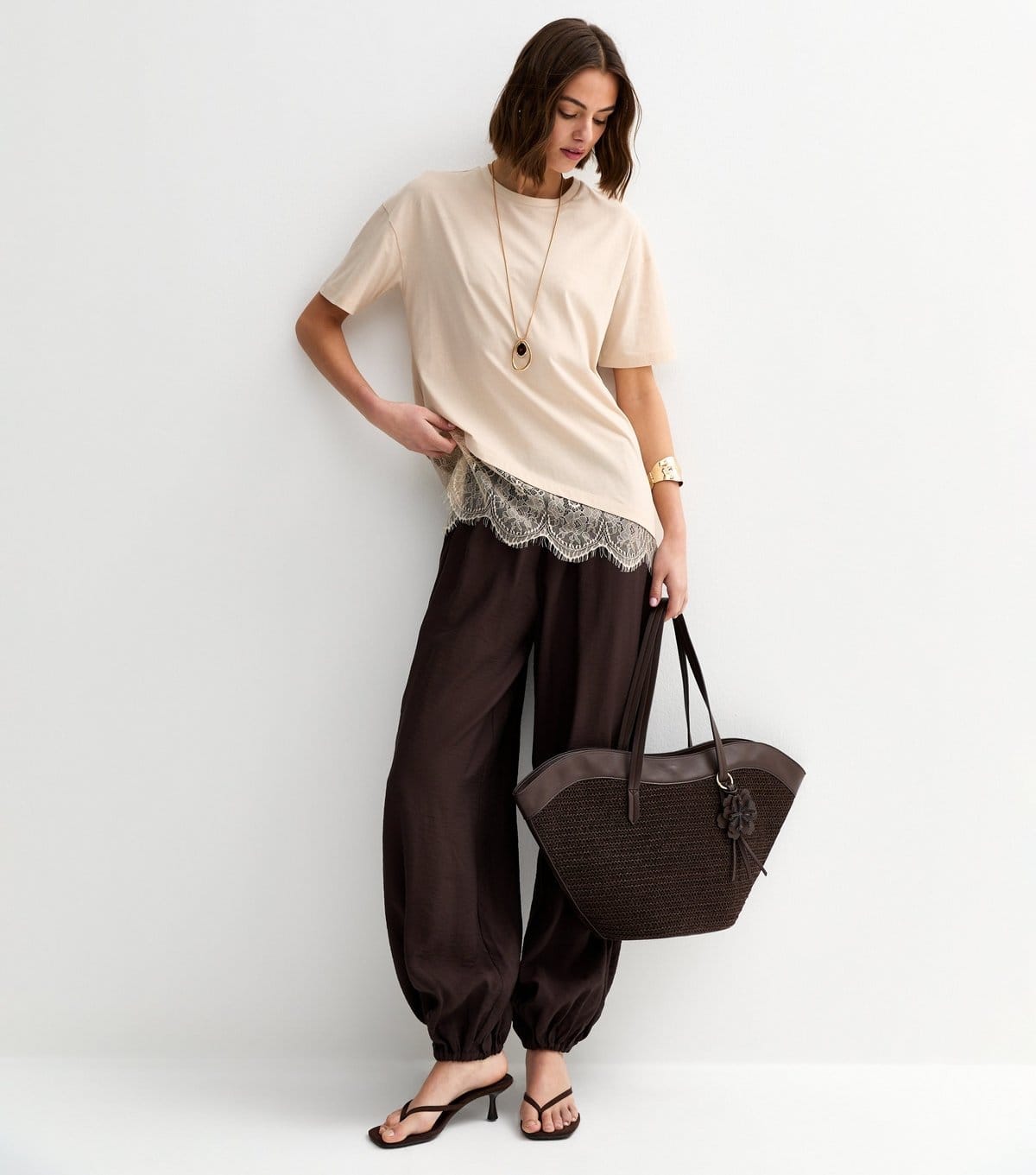 New Look Stone Cotton Lace T-Shirt