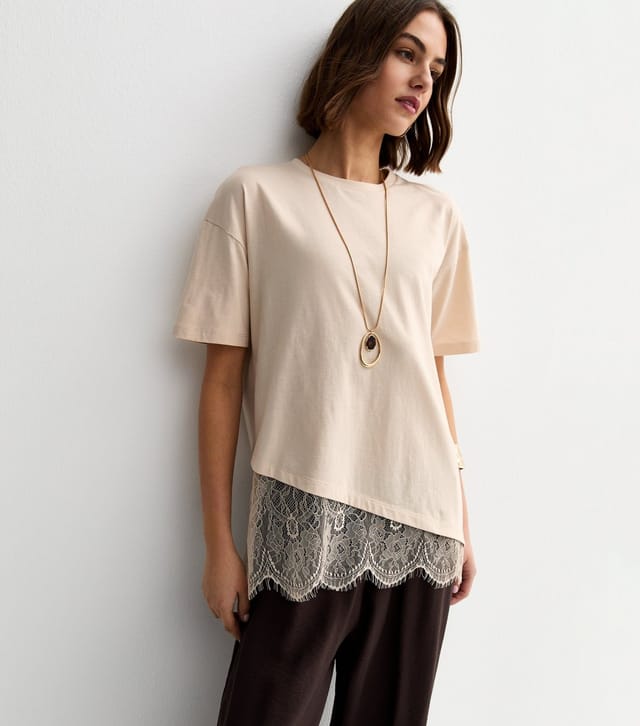 New Look Women's Stone Cotton Scalloped Lace T-Shirt New Look - 3