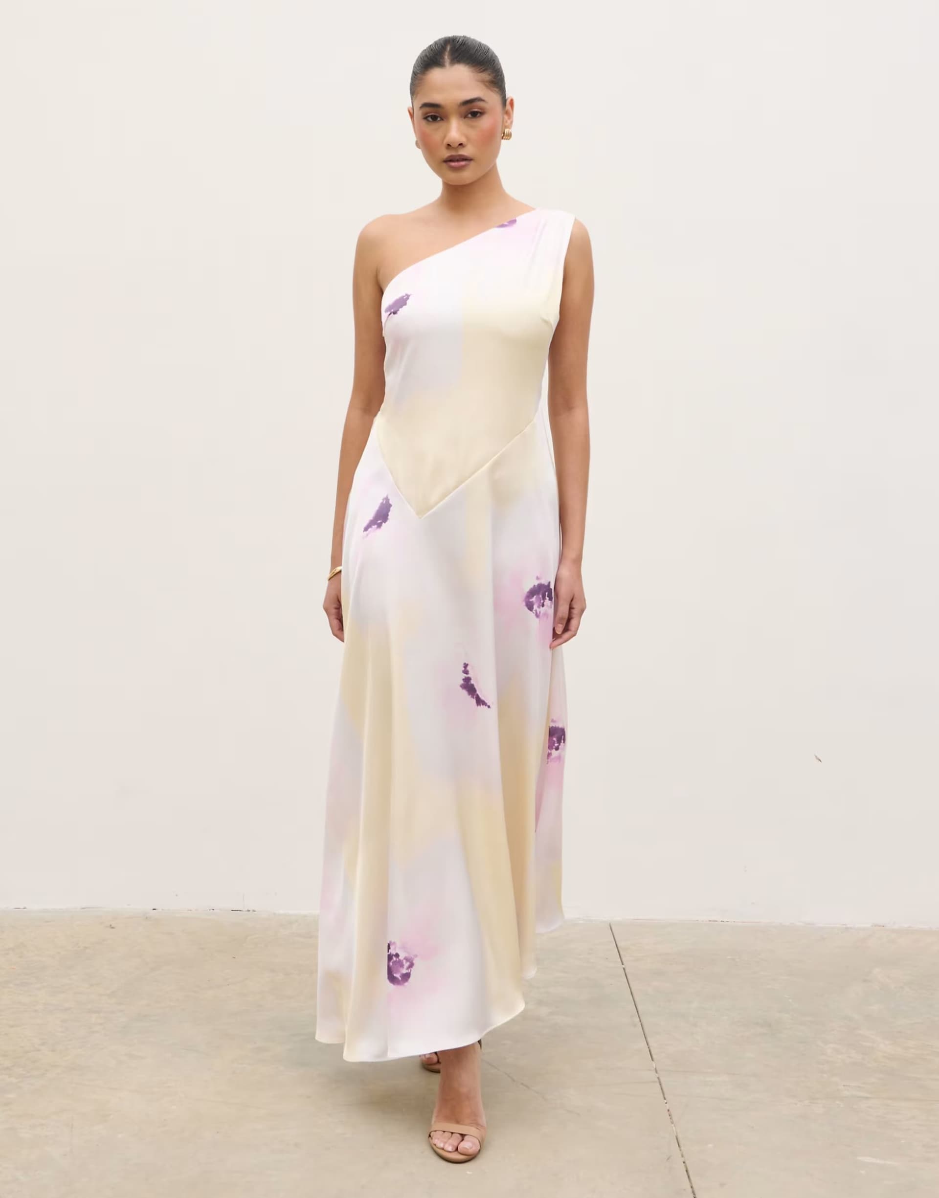 ASOS Pretty Lavish satin one shoulder maxi dress in lemon floral print