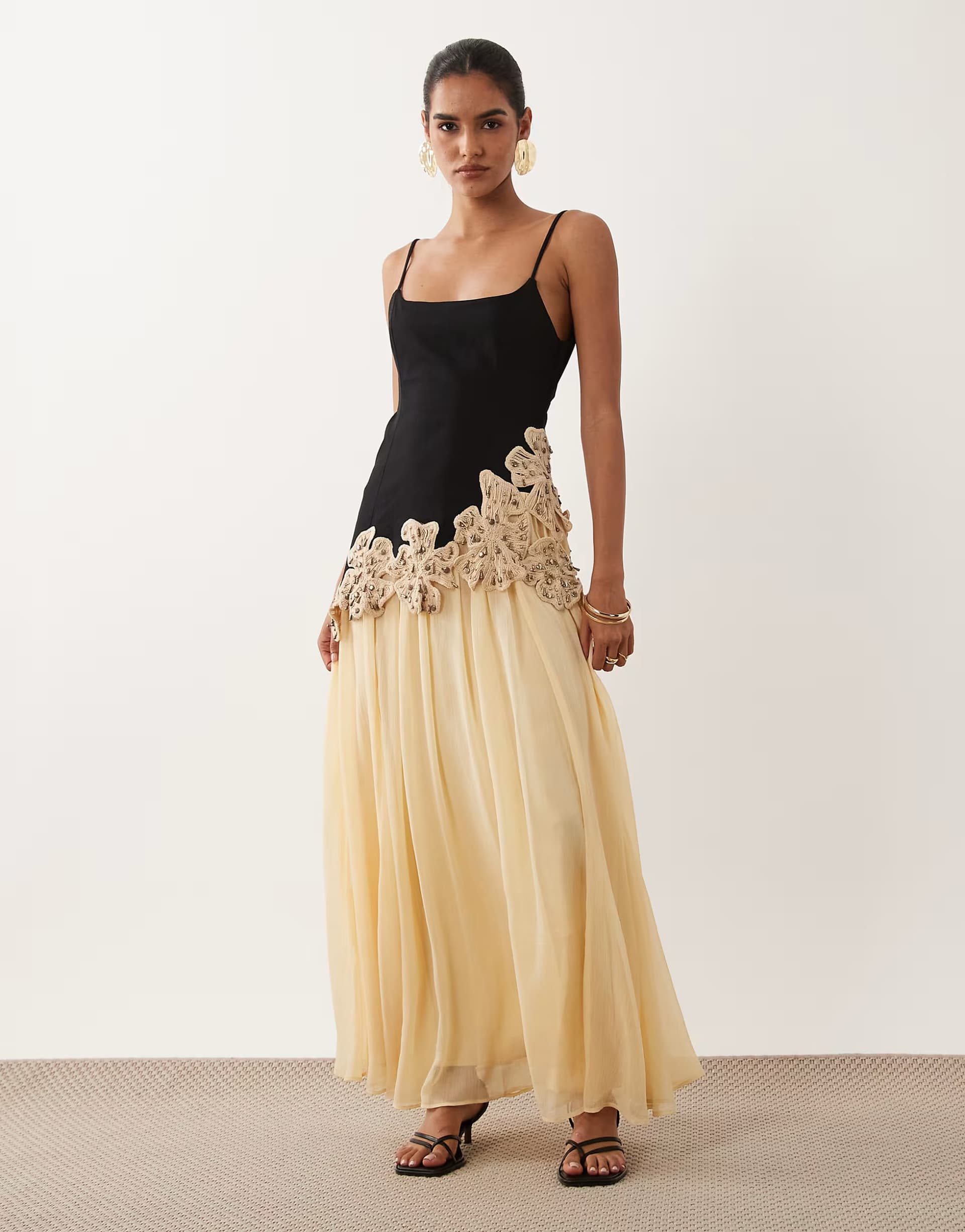 ASOS ASOS DESIGN embellished crochet flower maxi dress in black and neutral