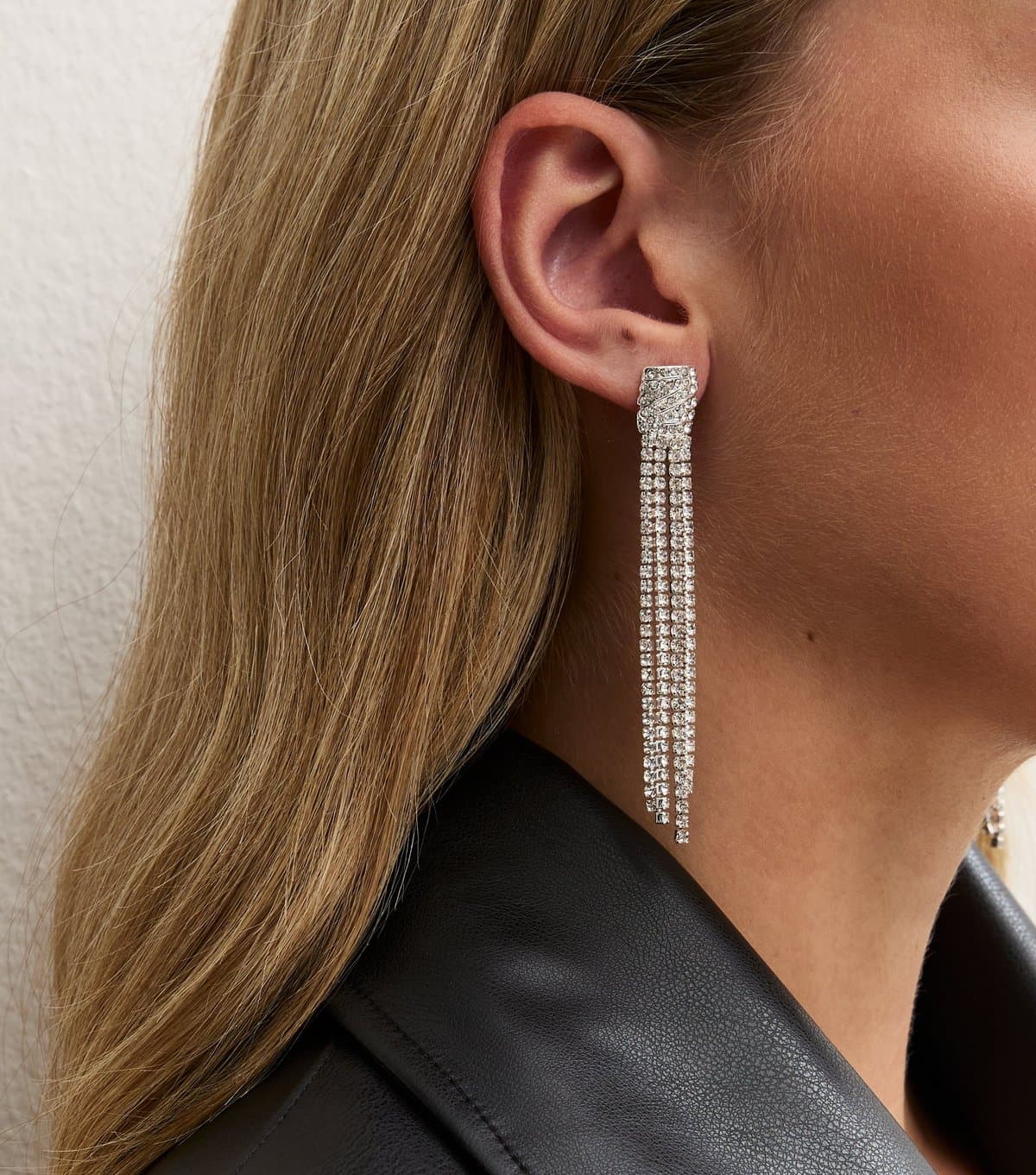 New Look Silver Tone Diamante Long Tassel Square Stud Drop Earrings New Look
