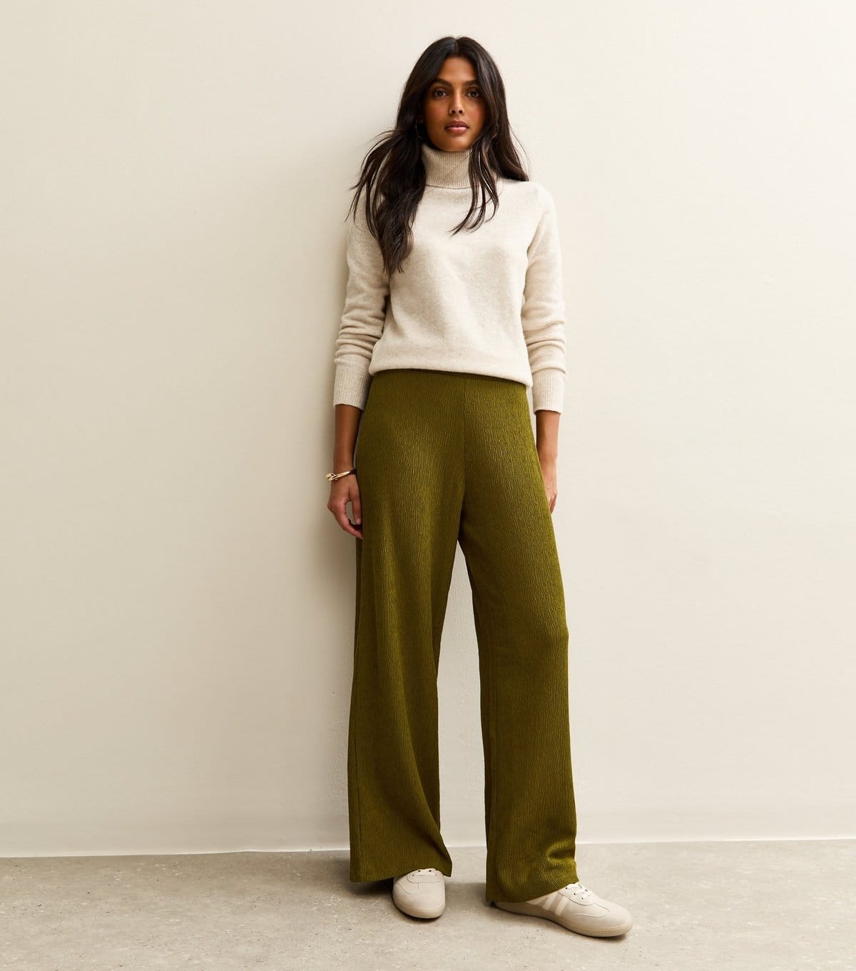 New Look Light Khaki Crinkled Wide Leg Trousers