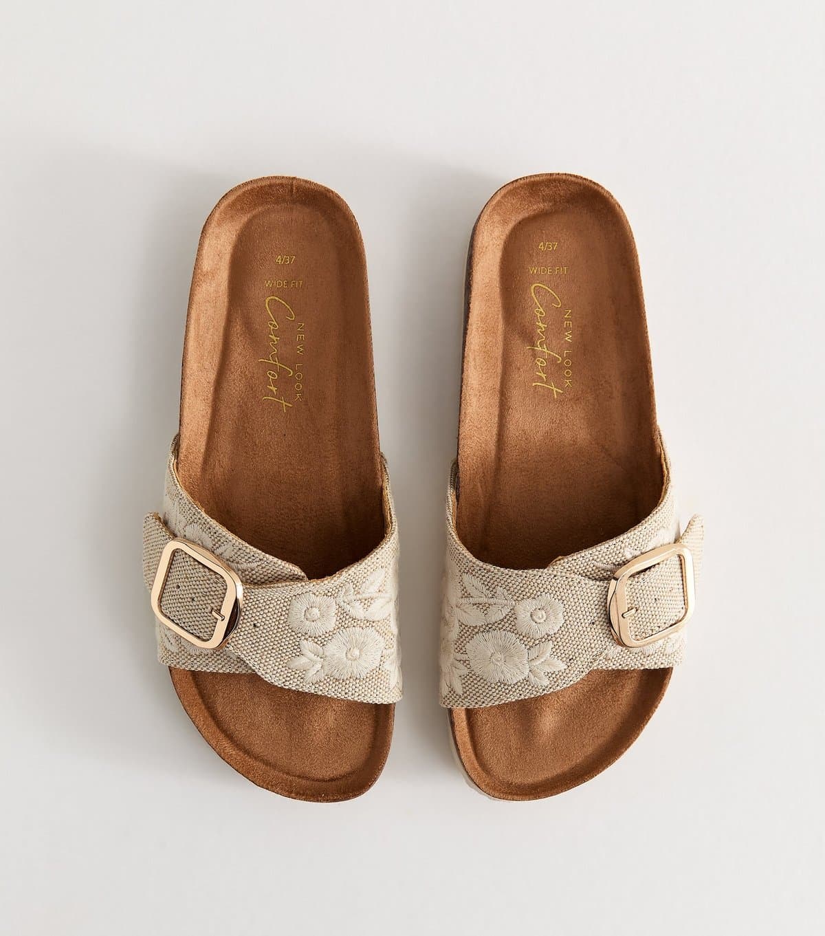 New Look Women's Wide Fit Cream Floral Embroidered Raffia Mules Vegan New Look