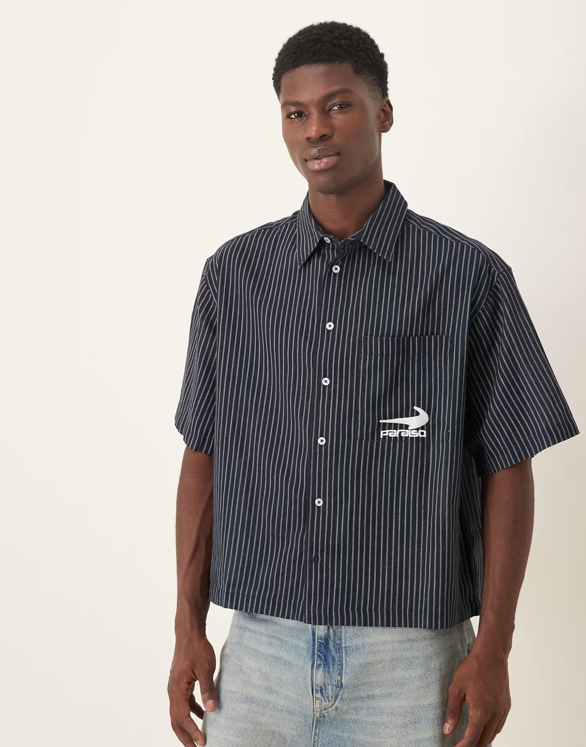 ASOS ASOS DESIGN boxy oversized shirt with chest embroidery in navy