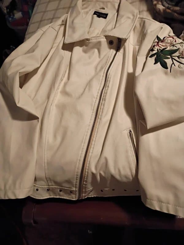 New Look white faux leather jacket with embroidered pink rose