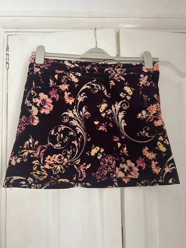 New Look New Look Velvet Floral Mini Skirt UK 10 Y2K Purple Vintage Style Baroque Print Stretch