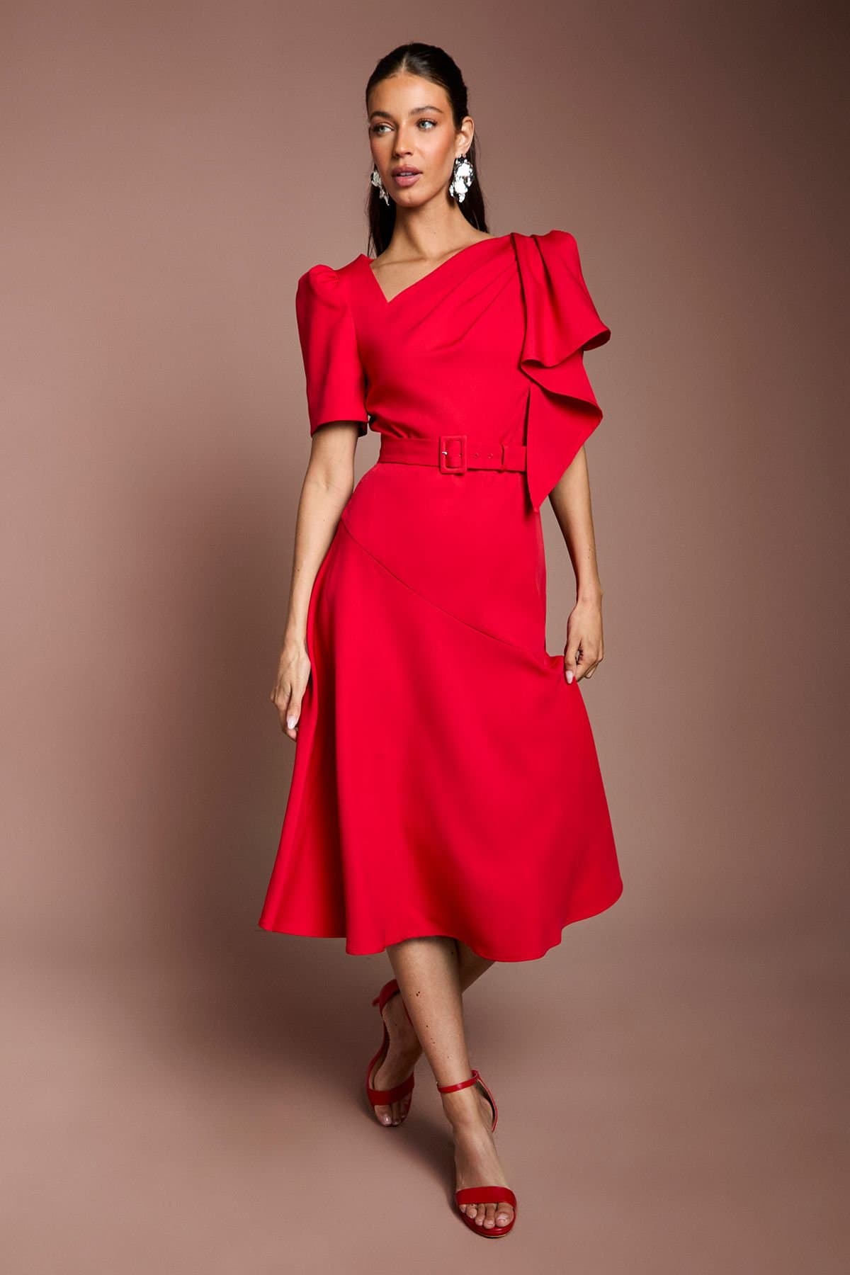 Coast Coast Women's Asymmetric Neckline Short Sleeve Belted Crepe Midi Dress in Red
