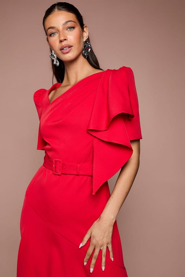 Coast Coast Women's Asymmetric Neckline Short Sleeve Belted Crepe Midi Dress in Red - 2