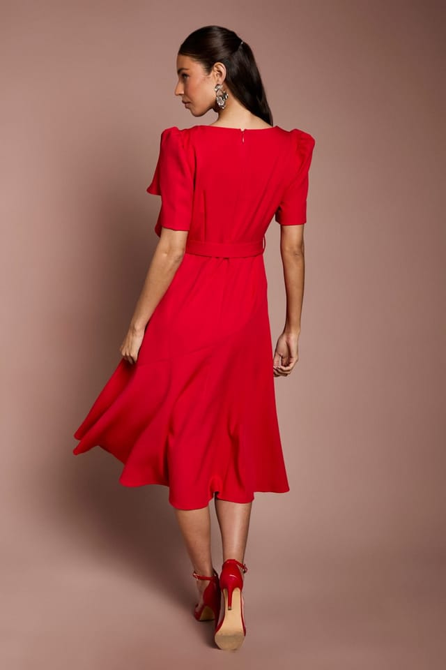Coast Coast Women's Asymmetric Neckline Short Sleeve Belted Crepe Midi Dress in Red - 3