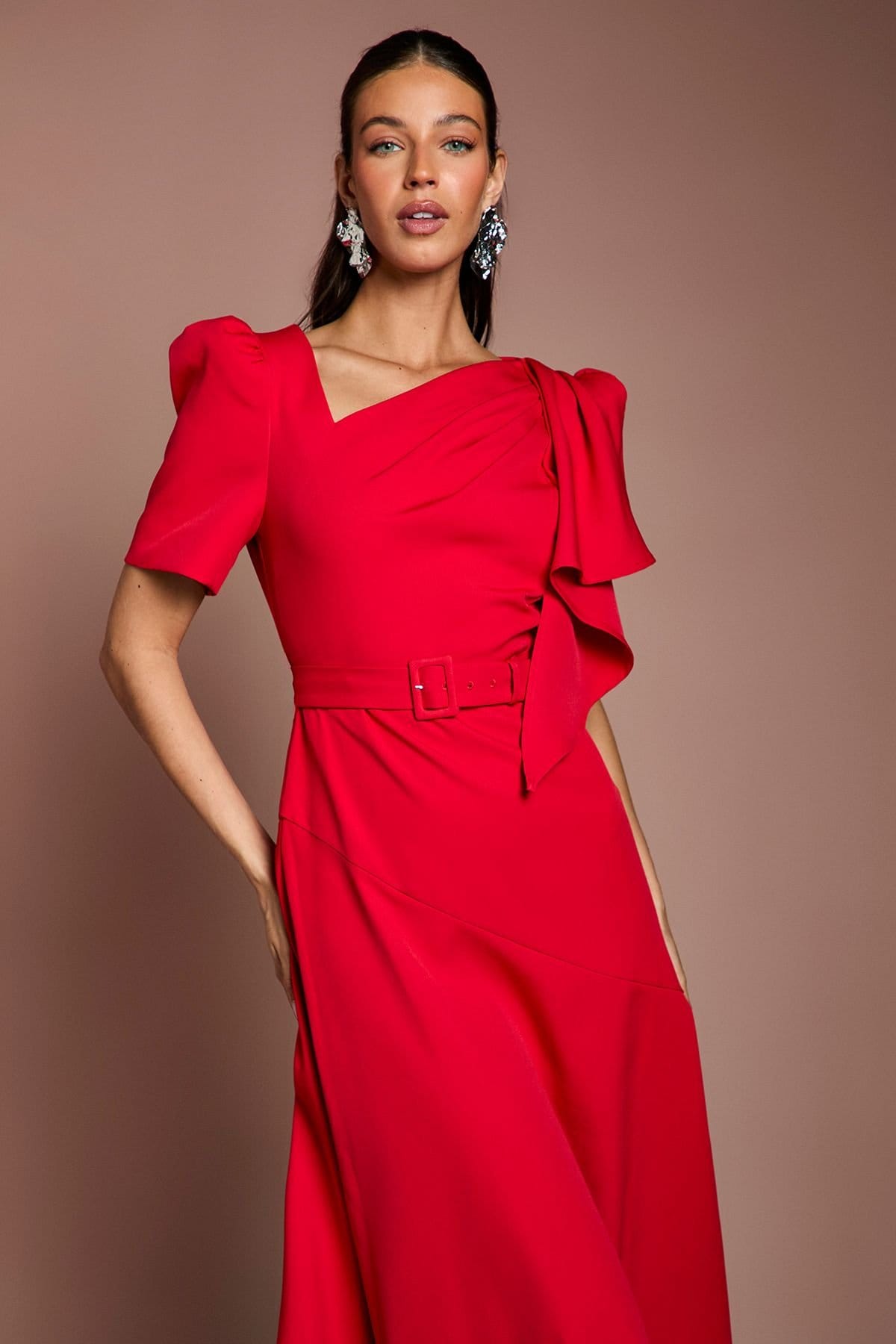 Coast Coast Women's Asymmetric Neckline Short Sleeve Belted Crepe Midi Dress in Red - 4
