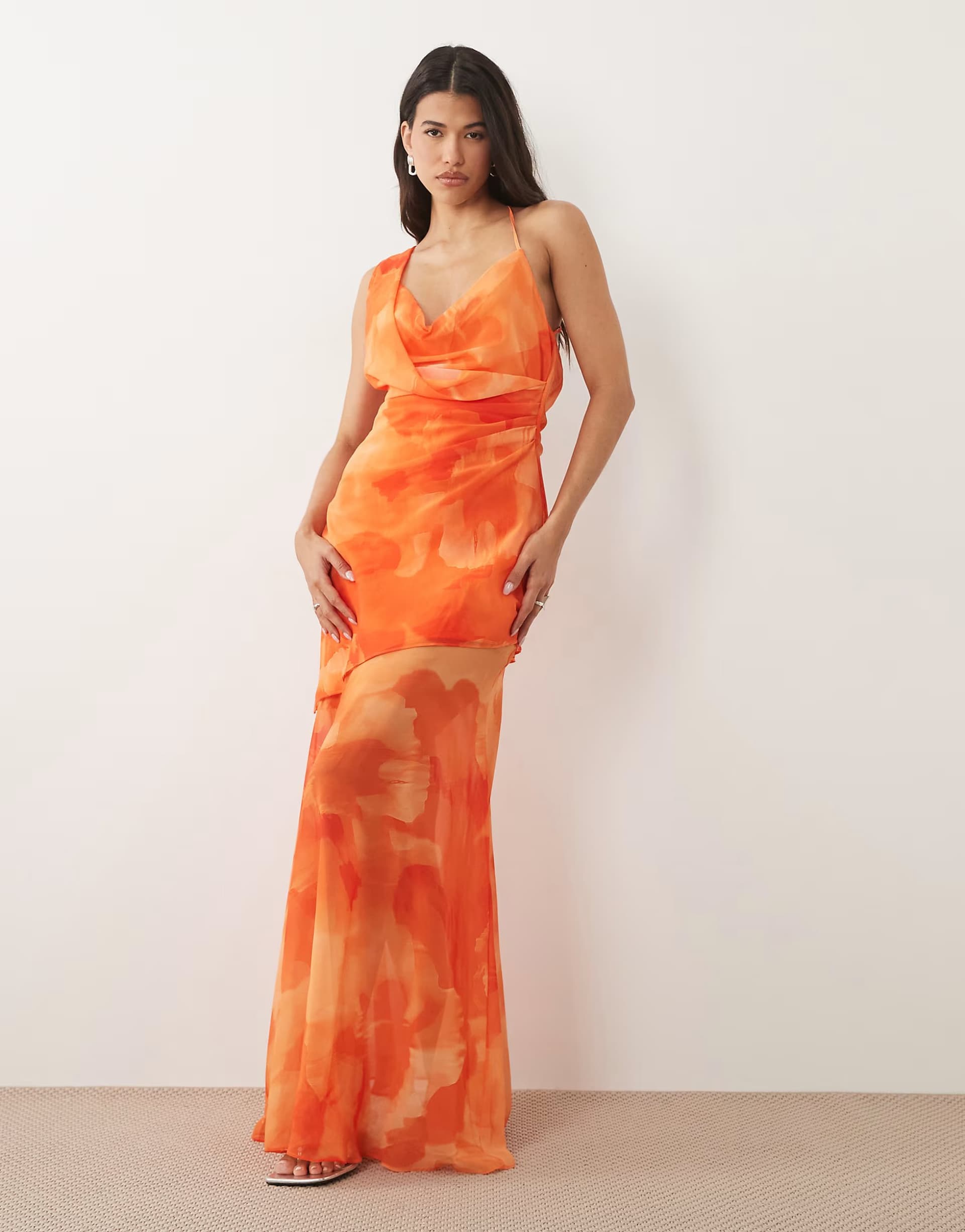 ASOS TFNC chiffon cowl neck maxi dress in orange floral print