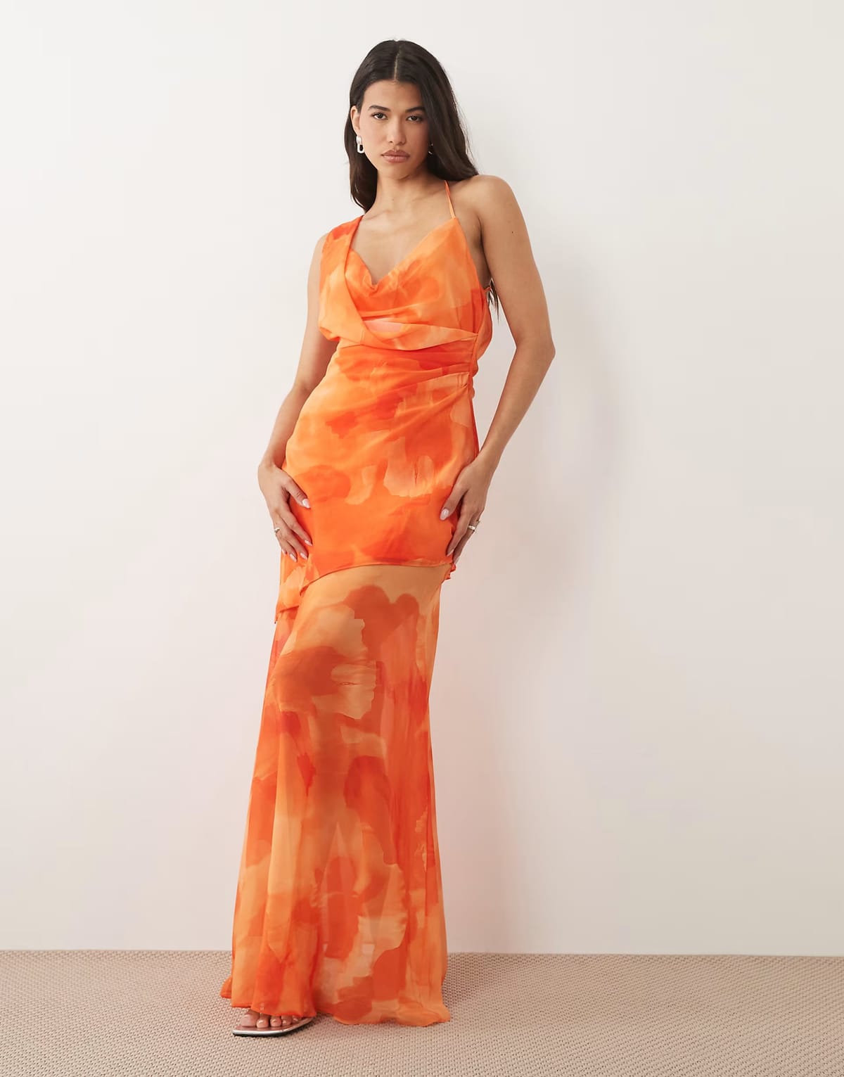 ASOS TFNC chiffon cowl neck maxi dress in orange floral print - 1