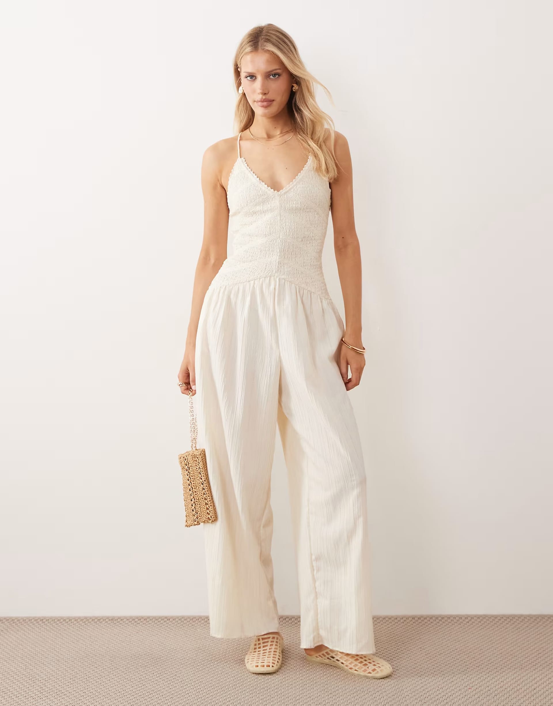 ASOS DESIGN Buttermilk Shirred Cami Jumpsuit with Lace Trims