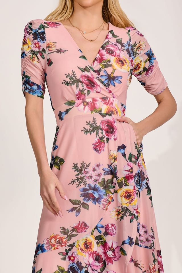 Jolie Moi Jolie Moi Women's Ruched Sleeve Mesh Maxi Dress in Light Pink - 3