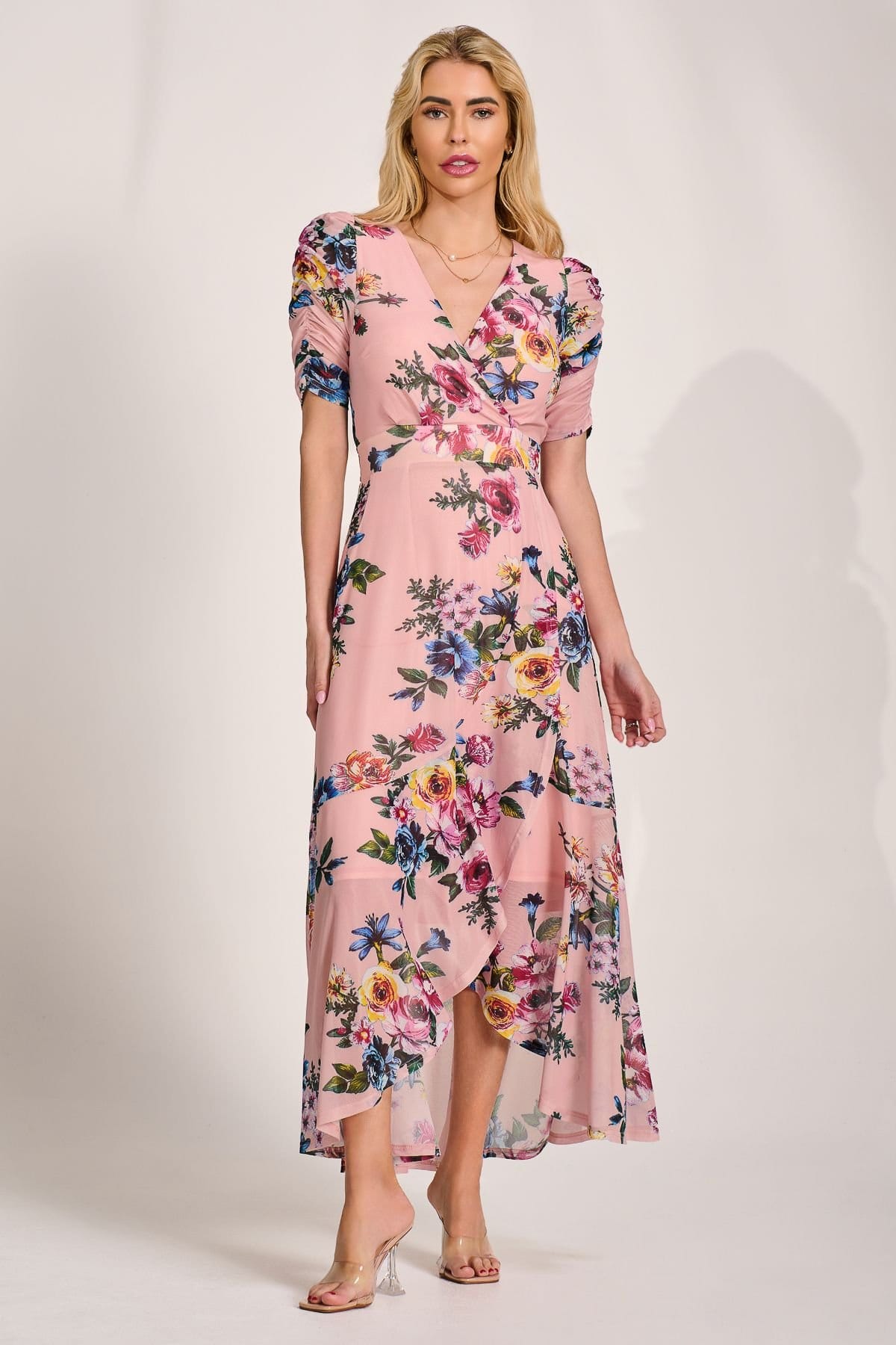 Jolie Moi Jolie Moi Women's Ruched Sleeve Mesh Maxi Dress in Light Pink - 4