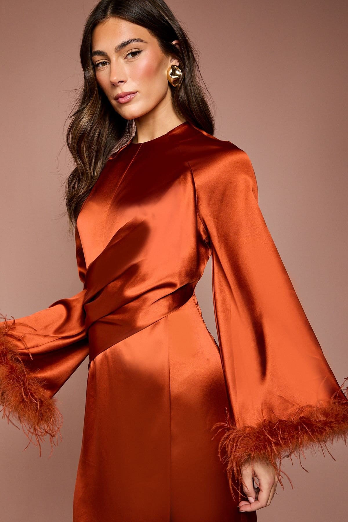 Coast Coast Women's Feather Trim Satin Maxi Dress in Rust - 4