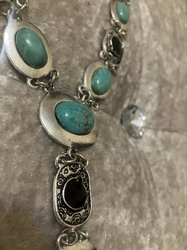 D&G 🖤 Turquoise black stone silver drop statement necklace ethnic Aztec boho retro vintage chain 🖤