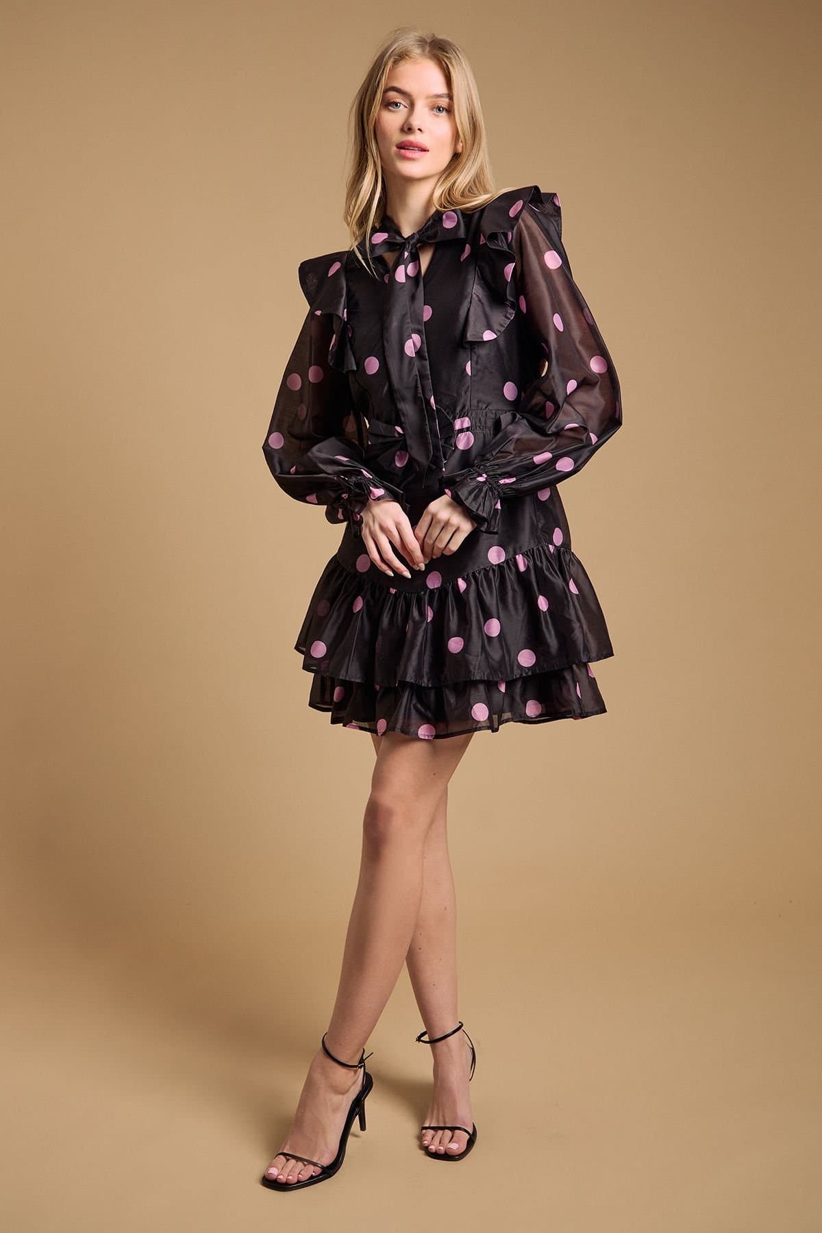 Oasis Oasis Women's Tie Neck Ruffle Fit & Flare Mini Dress in Black