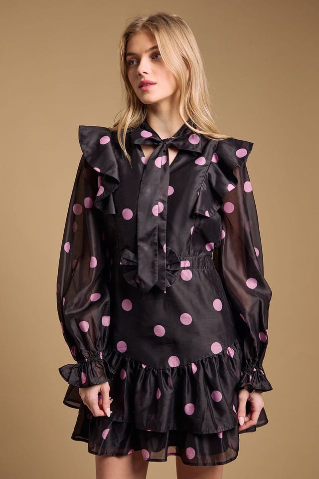 Oasis Oasis Women's Tie Neck Ruffle Fit & Flare Mini Dress in Black - 2