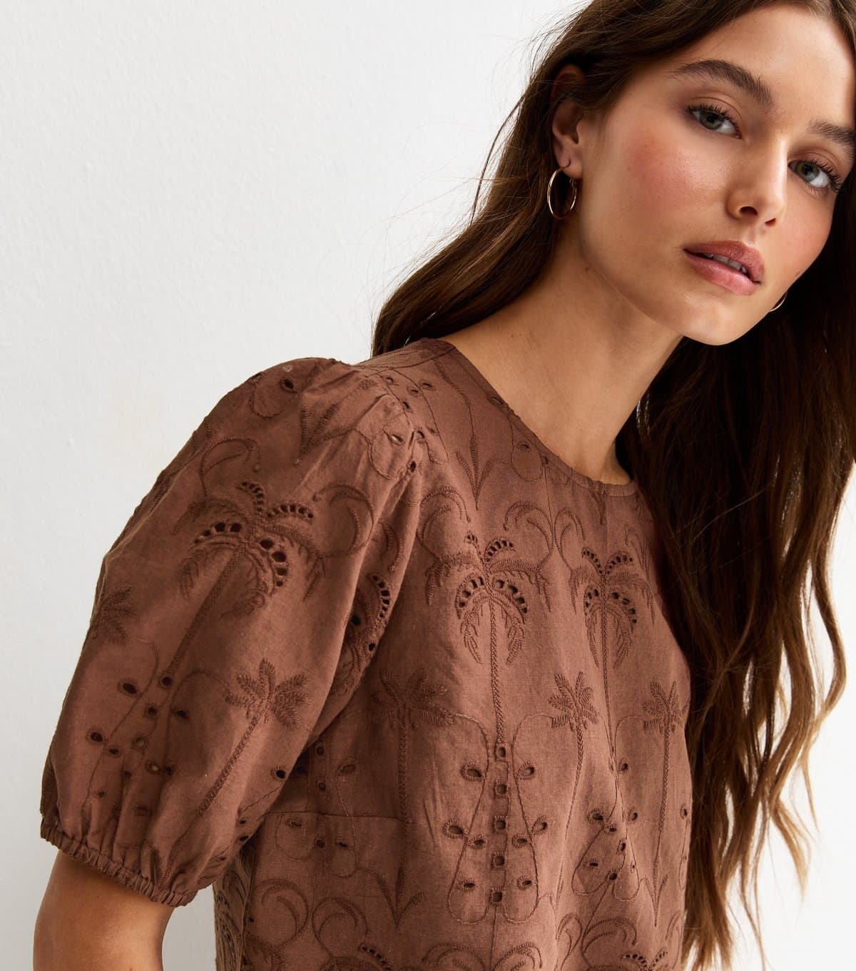 New Look Women's Brown Palm Cutwork Puff Blouse New Look