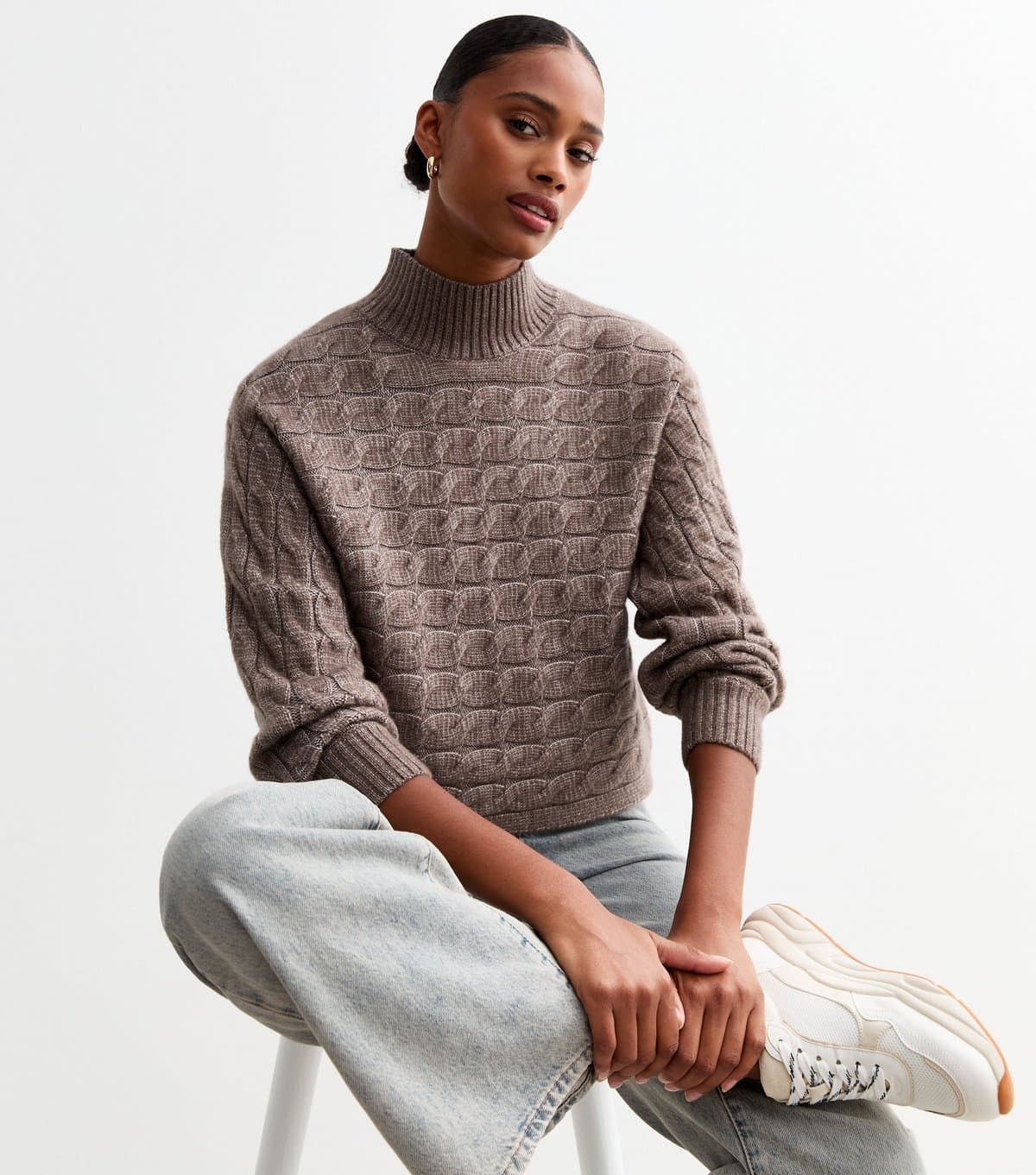 New Look New Look Mink Grey Cable Knit Cropped Jumper
