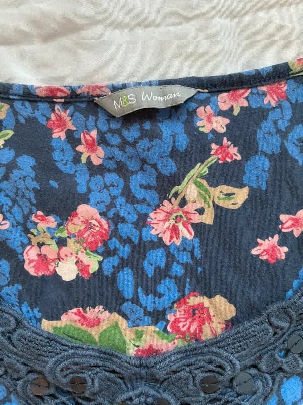 M&S Woman M&S Woman Navy Floral Crochet Detail Top UK 10 100% Cotton Boho Y2K