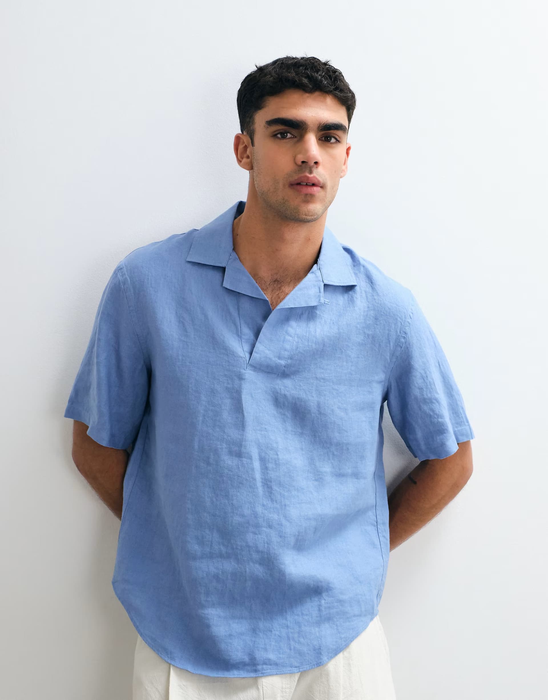 ASOS Mango 100% Linen Short Sleeve Shirt in Pale Blue