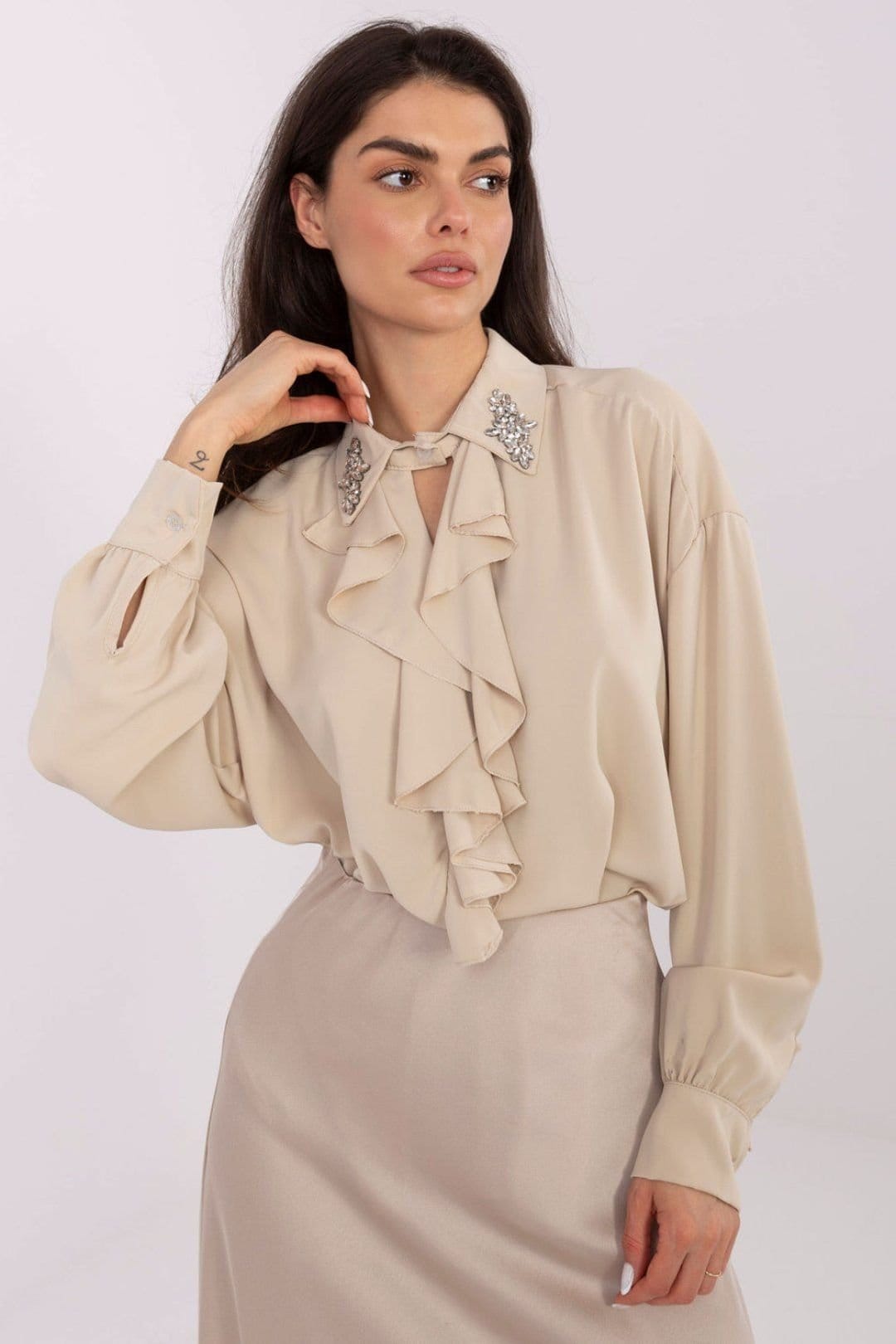 Love Lace Beige Polyester Elegant Blouse with Puffy Sleeves