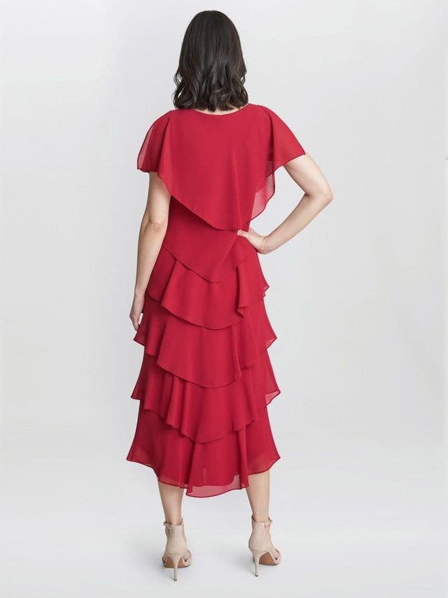 Gina Bacconi Gina Bacconi Women's Tessa Midi Tiered Dress With Shoulder Trim in Red - 2