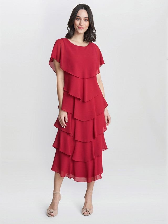Gina Bacconi Gina Bacconi Women's Tessa Midi Tiered Dress With Shoulder Trim in Red - 3