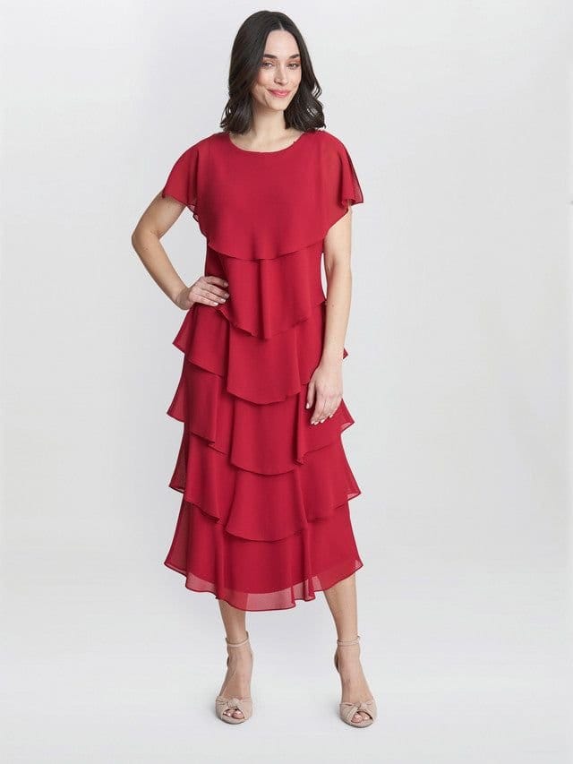 Gina Bacconi Gina Bacconi Women's Tessa Midi Tiered Dress With Shoulder Trim in Red - 3