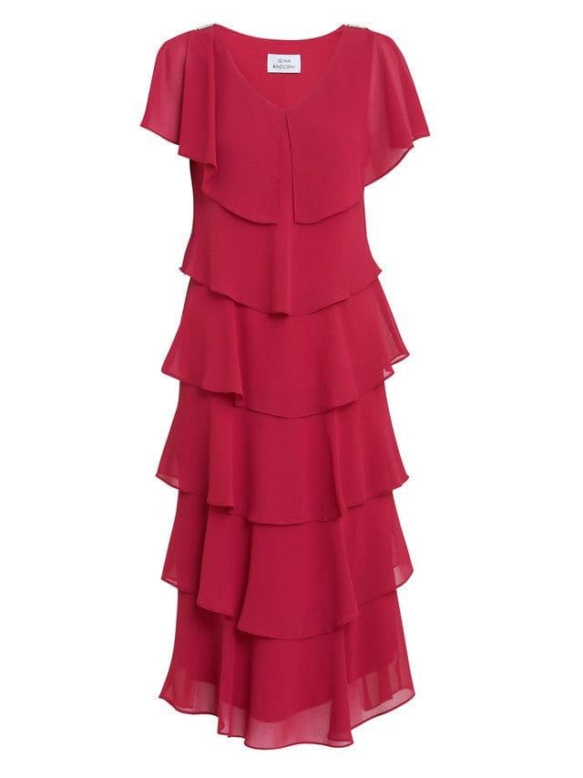 Gina Bacconi Gina Bacconi Women's Tessa Midi Tiered Dress With Shoulder Trim in Red - 4