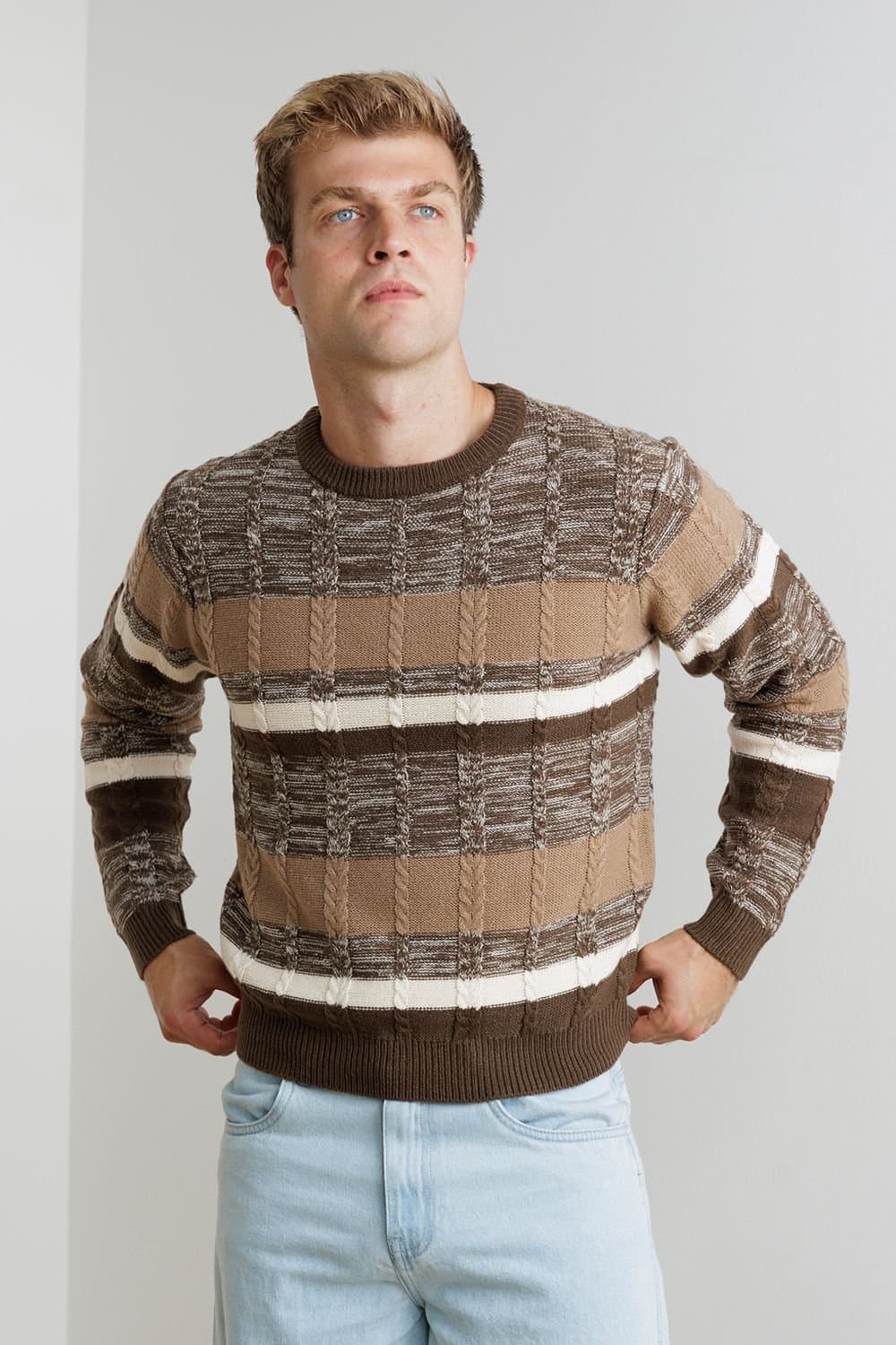 Influence Influence Men's Stripe Crew Neck Knitted Long Sleeve Jumper in Brown