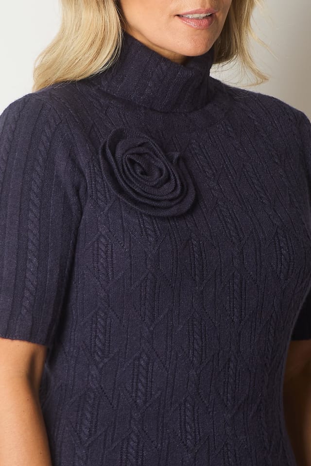 SOLO SOLO Women's Knit Turtleneck Dress with Rosette Detail in Navy - 3