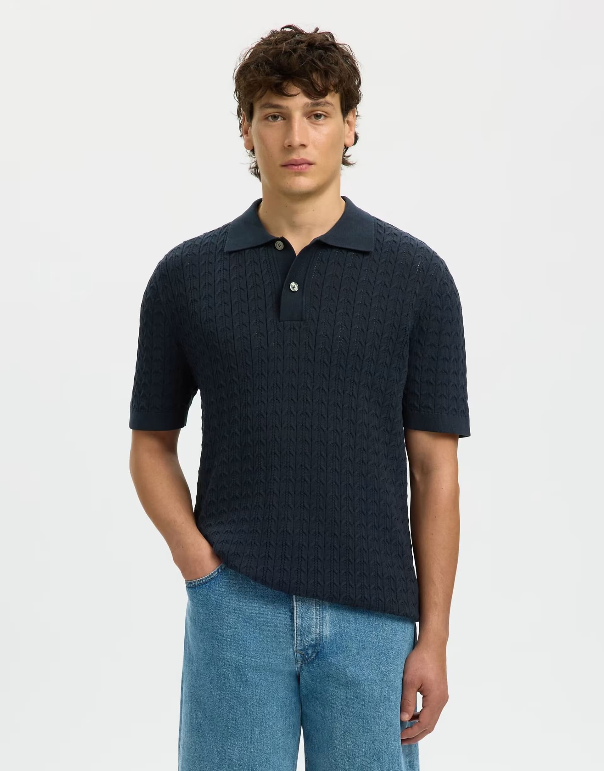 ASOS Selected Knitted polo shirt in sky captain