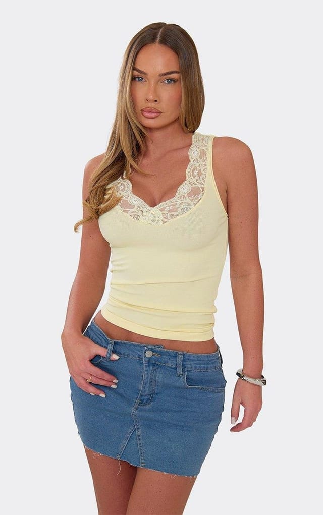 EGO Scoop Neck Lace Trim Detail Top In Lemon, Women's Size UK M/L - 2